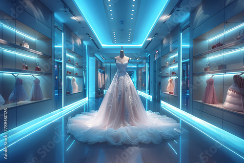 A modern bridal dress with sleek lines and minimalist design stands out against a backdrop of floor-to-ceiling mirrors in a contemporary bridal showroom, illuminated by bright LED spotlights to accent