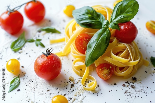 White plate with pasta and fresh tomatoes. Great for food blogs and restaurant menus