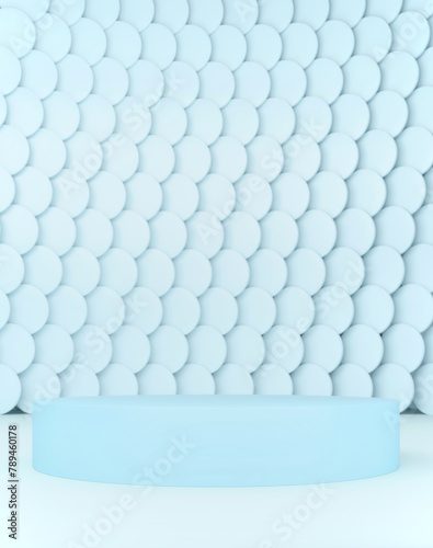 Tender light blue abstract product presentation podium on fish scale like pastel background; simple mock up pedestal with blue mosaic background in minimal style, 3d rendering, 3d illustration