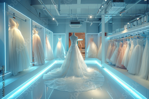 Modern and elegant bridal dress amidst a sleek and minimalist showroom, process of wedding preparation and planning