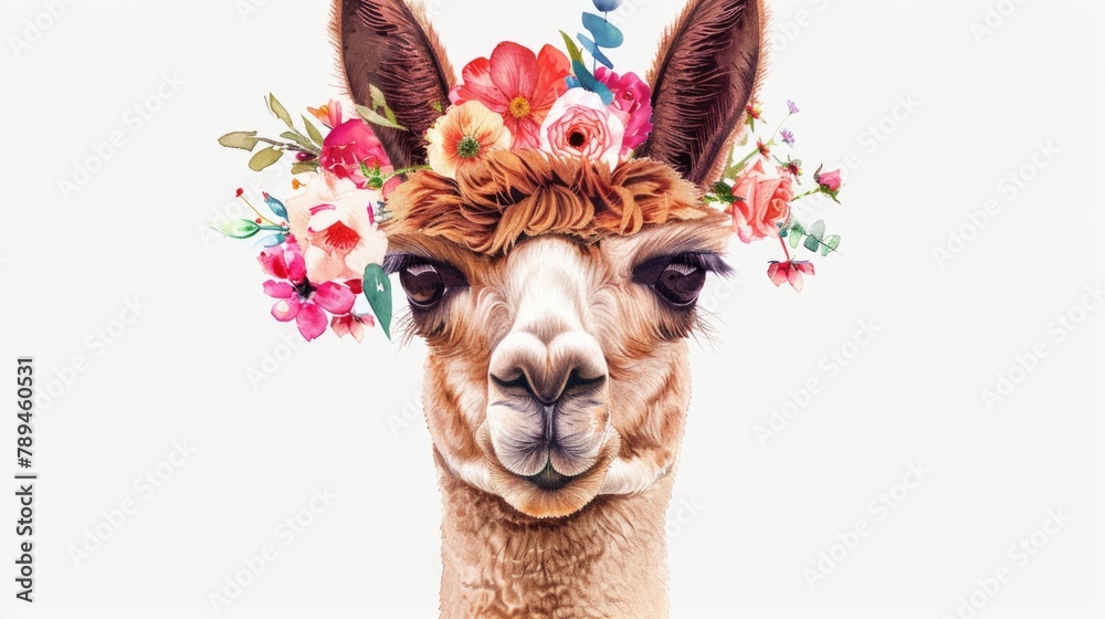 Fototapeta premium A cute llama wearing a flower crown, perfect for animal lovers and nature enthusiasts