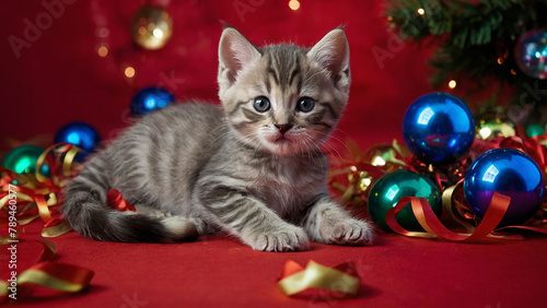 Cute kitten on a red background with a New Year tree, New Year balls and serpentine