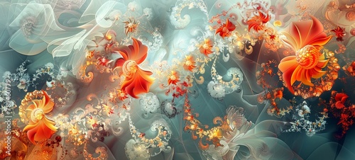 Abstract fractal patterns and shapes. Dynamic flowing natural forms. Flowers and spirals. Mysterious psychedelic relaxation pattern. generative ai