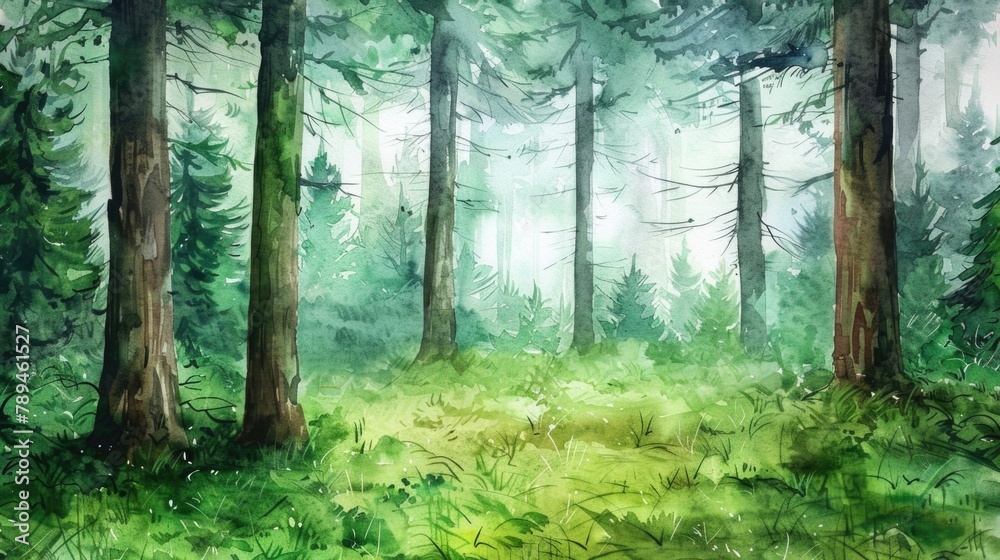 Fototapeta premium A beautiful watercolor painting of a serene forest scene. Perfect for nature lovers and home decor
