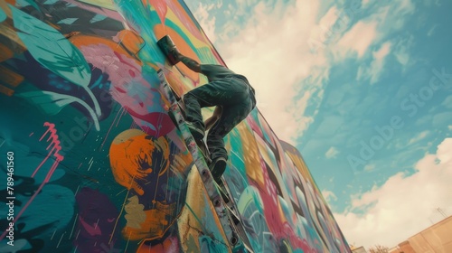Vibrant Graffiti Artist Painting Colorful Mural in Urban Setting AI Generated