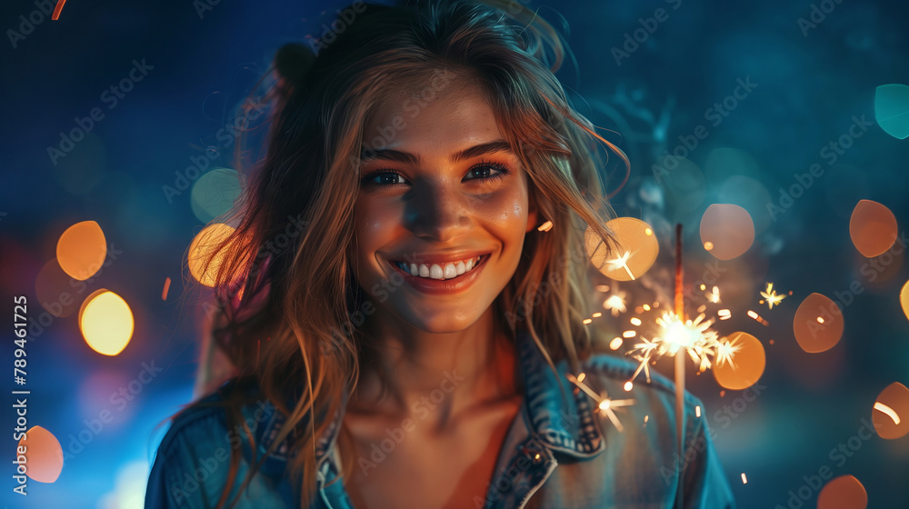 Captivating portrait of a young woman with sparkler, aglow with joy amid a dreamy bokeh of festive lights. Captivating portrait of a young woman with sparkler, aglow with joy amid a dreamy bokeh of festive lights.