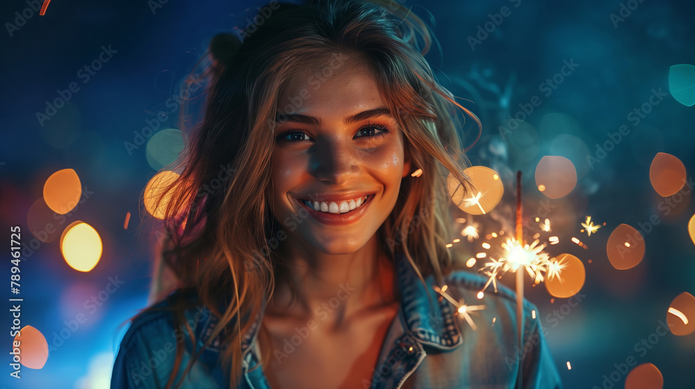 Captivating portrait of a young woman with sparkler, aglow with joy amid a dreamy bokeh of festive lights.