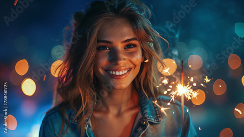 Captivating portrait of a young woman with sparkler, aglow with joy amid a dreamy bokeh of festive lights.