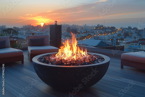 A sleek, modern fire bowl on the patio of an upscale home in California with the sunset in view. Created with Ai