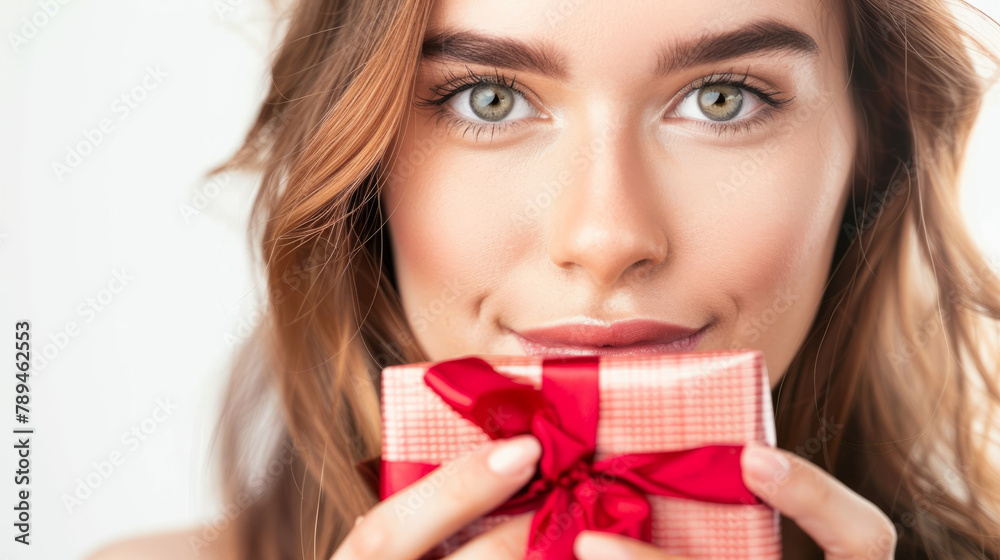Portrait of a woman with a gift on white studio background Portrait of a woman with a gift on white studio background