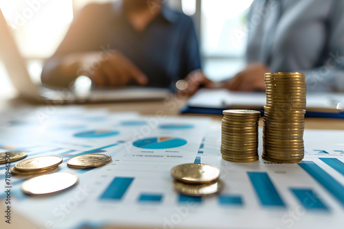 Coin stack growth on the table, investment advisor's talk with a client behind, investment planning and consulting