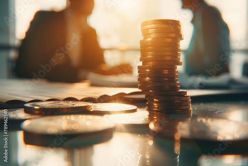 Coin stack growth on the table, investment advisor's talk with a client behind, investment planning and consulting photo