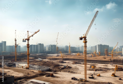 industry sites working background construction view apartment architecture working area safety block business security building many panorama large new activity cranes worker photo