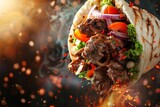 flying  grilled beef  or chicken  shawarma doner sandwich with flying spices, hot ready to serve and eat food commercial advertisement menu banner with copy space area