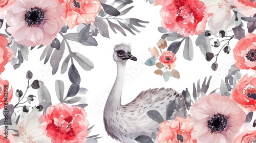 Watercolor painting of an ostrich among colorful flowers, suitable for nature themes