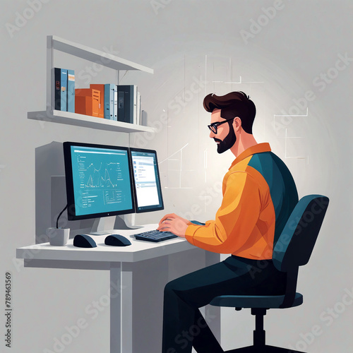 person working on computer, businessman, flat design.