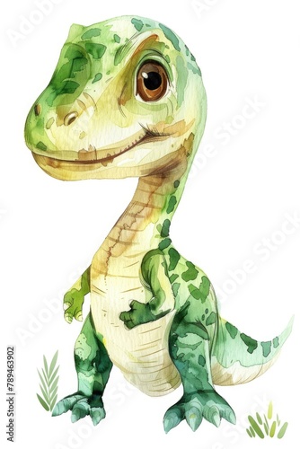 A vibrant watercolor painting of a green and white dinosaur. Ideal for educational materials or children s books