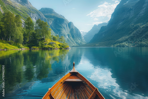 A wooden boat is sailing on the fjord of Norway, surrounded by lush green mountains and reflecting in the crystal clear waters. Created with Ai photo