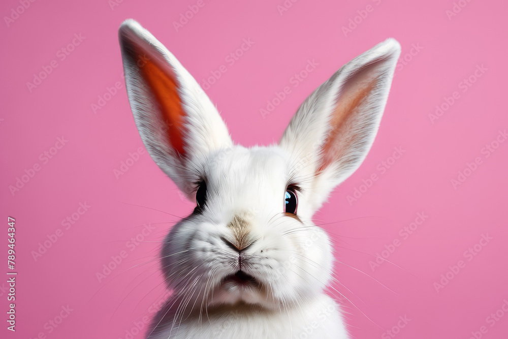 white fluffy rabbit on a pink pastel background. Easter Bunny for Easter. Rabbit isolated on pink background