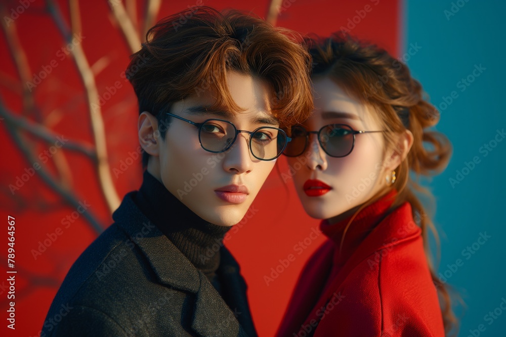 Obraz premium Stylish duo in cool eyewear against a vibrant neon backdrop exudes a modern