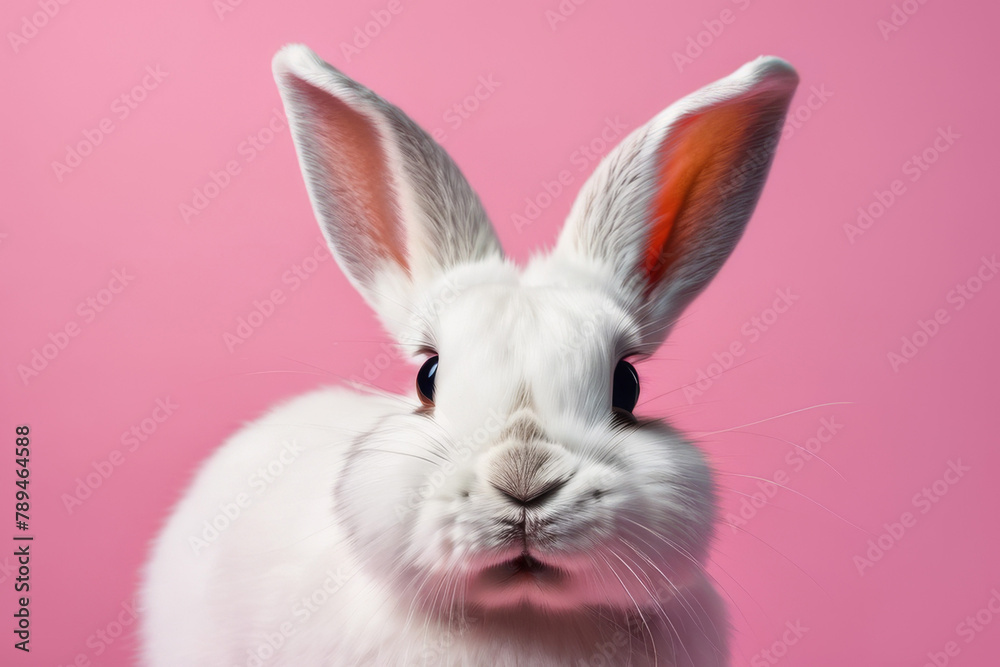 Close-up of a white fluffy rabbit on a pink pastel background. Easter bunny for Easter.