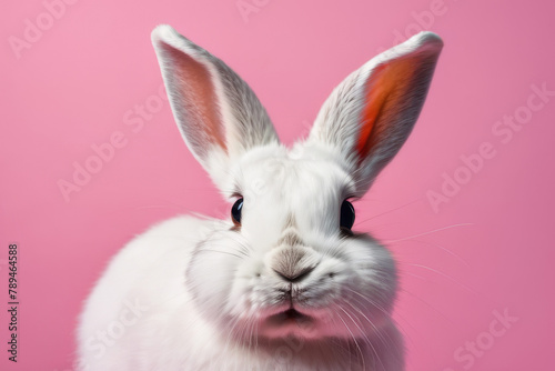 Obraz na płótnie Close-up of a white fluffy rabbit on a pink pastel background. Easter bunny for Easter. w salonie