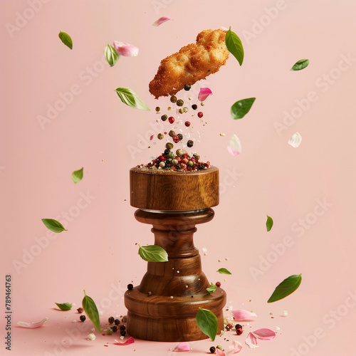 The meat with crumbs of pepper falling from the pepper mill and surrounded by basil leaves. The colors are pink, green, and brownish