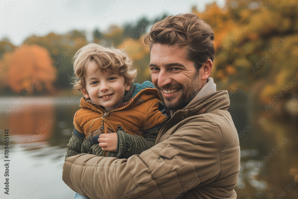 Father holding son with autumn leaves in background, Concept of family bonding and seasonal outdoor activities. Father holding son with autumn leaves in background, Concept of family bonding and seasonal outdoor activities.