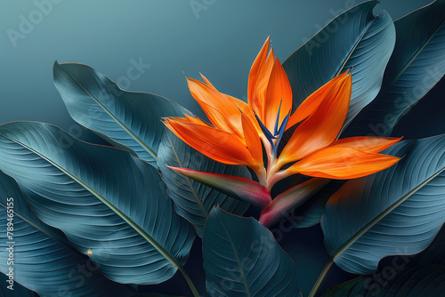 A closeup of the orange and green leaves on bird of paradise flowers, set against an abstract dark blue background. Created with Ai