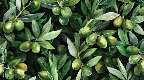Close up of green olives on a tree, ideal for food and agriculture concepts photo