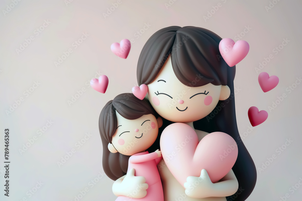3d mothers day background with mom and child happily hugging while holding heart gifts surrounded by floating smaller pink hearts 3d mothers day background with mom and child happily hugging while holding heart gifts surrounded by floating smaller pink hearts