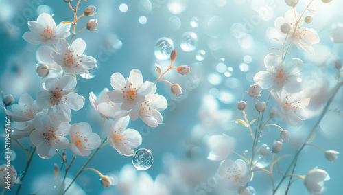 A photo of delicate cherry blossoms and fresh green leaves, surrounded by water droplets in the air, with sunlight filtering through. Created with Ai 