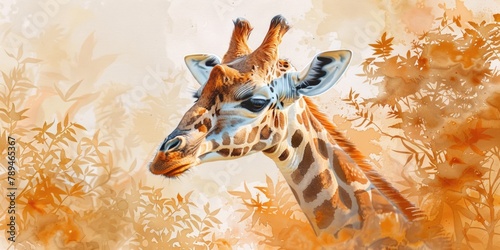 A painting of a giraffe standing in a field, suitable for nature and wildlife themes #789465367