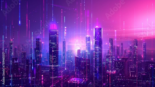 cityscape with space and neon light effect. Modern hi-tech, science, futuristic technology concept. Abstract digital high tech city design for banner background © pinkrabbit