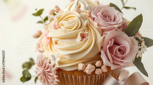Artfully Designed Cupcake with Delicate Roses and Satiny Ribbon