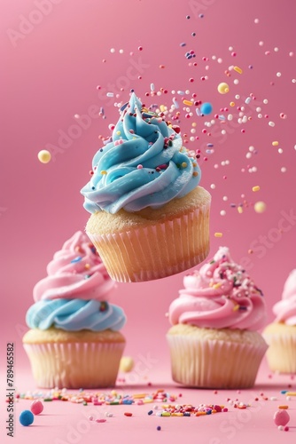 Delicious cupcakes with blue frosting and colorful sprinkles. Perfect for bakery or celebration concepts