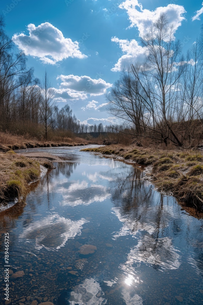 A peaceful image of a small stream running through a dry grass covered field. Ideal for nature and landscape concepts