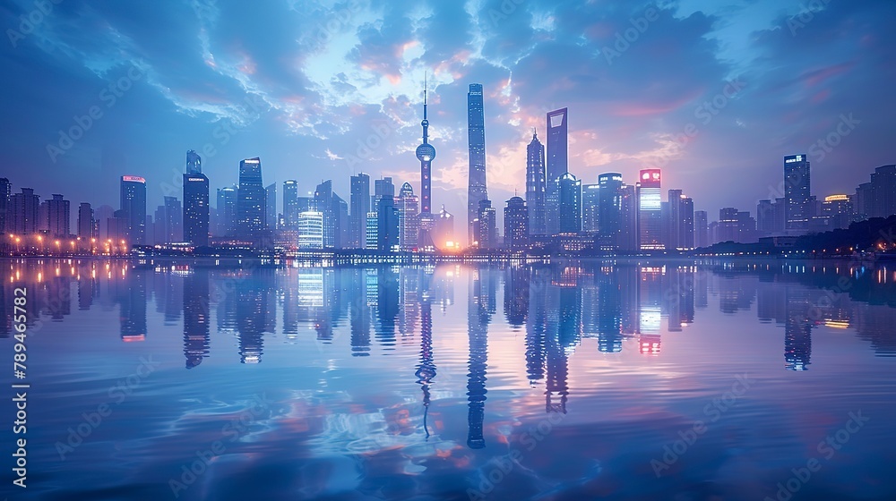 Dynamic cityscape with modern skyscrapers reflected in a tranquil river under the blue twilight sky. 