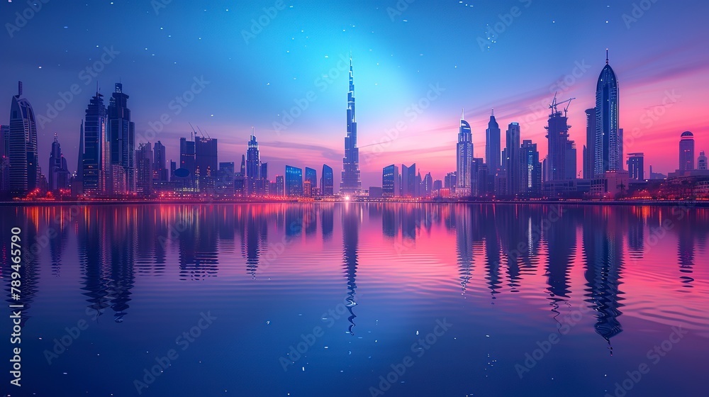 Dynamic cityscape with modern skyscrapers reflected in a tranquil river under the blue twilight sky.