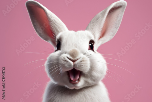 Close-up of a white fluffy rabbit on a pink pastel background. Easter bunny for Easter.