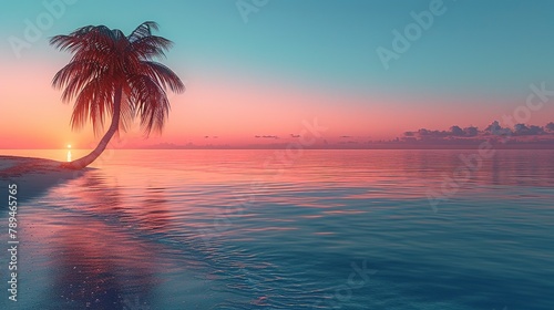 Serene beach scene at sunrise, soft pastel colors, calm waters, and a solitary palm tree. -