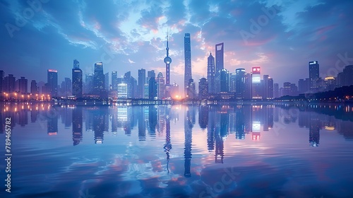 Dynamic cityscape with modern skyscrapers reflected in a tranquil river under the blue twilight sky. 