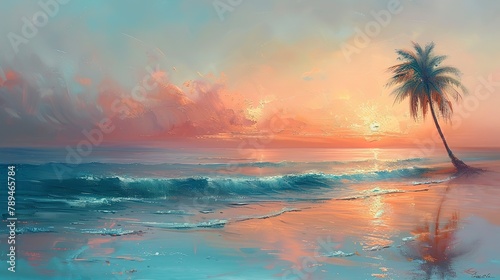 Serene beach scene at sunrise, soft pastel colors, calm waters, and a solitary palm tree. -