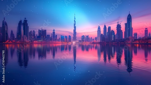 Dynamic cityscape with modern skyscrapers reflected in a tranquil river under the blue twilight sky.