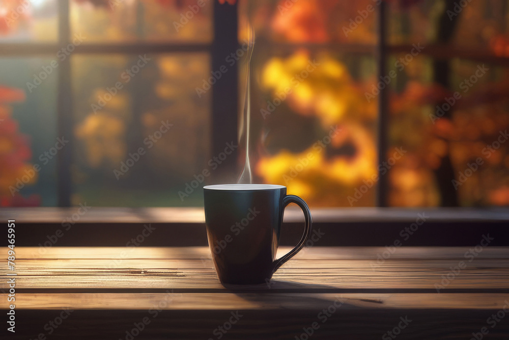 A wooden table and a cup of coffee by the window against the backdrop of an autumn forest. Autumn season, free time, coffee break, September, October, November concept.
