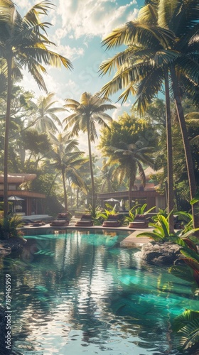 Pool with a waterfall and palm trees in the background. Vertical background 