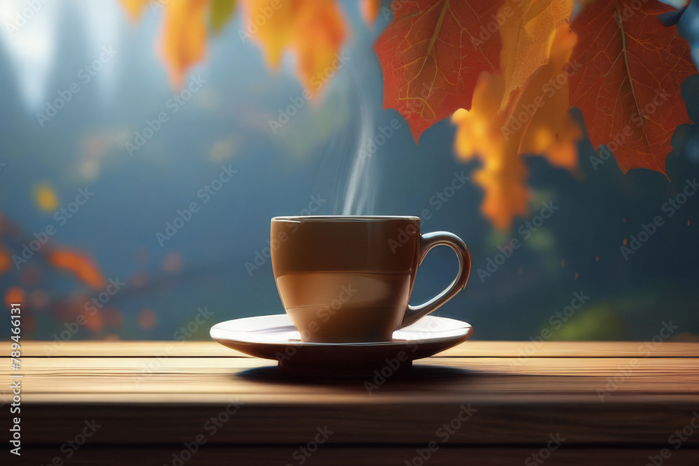 Autumn leaves and a hot steaming cup of coffee. A wooden table and a cup of coffee by the window against the backdrop of an autumn forest. Autumn season, free time, coffee break, September,