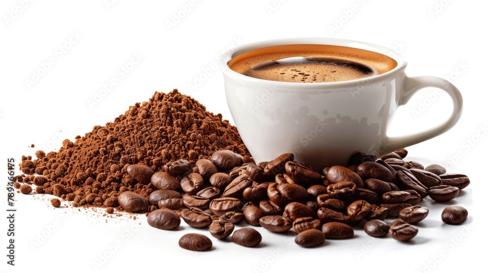 Fototapeta premium A cup of coffee next to a pile of coffee beans. Perfect for coffee lovers