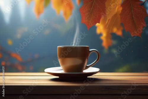 Obraz na płótnie Autumn leaves and a hot steaming cup of coffee. A wooden table and a cup of coffee by the window against the backdrop of an autumn forest. Autumn season, free time, coffee break, September, w salonie