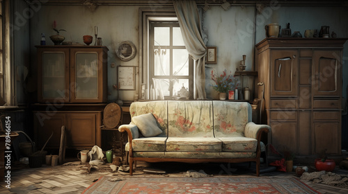 Abandoned room with retro furniture © Kokhanchikov